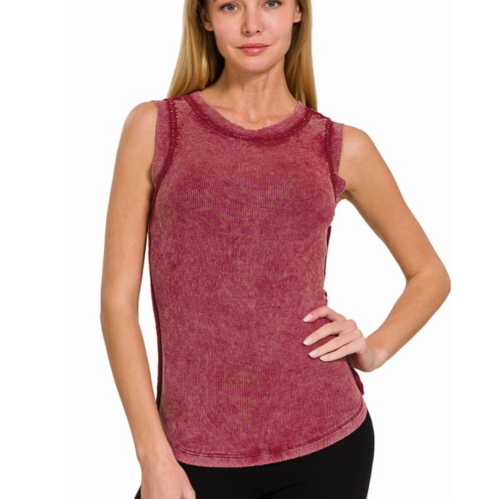 EVE * WASHED RIBBED SCOOP NECK TANK TOP in Cabernet